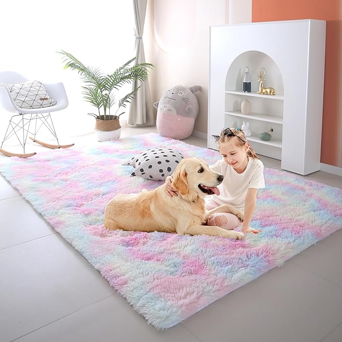Rainbow Rugs for Girls Bedroom 3x5: Shag Fuzzy Area Rug for Kids Playroom,Pastel Plush Shaggy Carpet for Nursery Baby Toddler Dorm Room