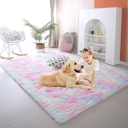 Rainbow Rugs for Girls Bedroom 3x5: Shag Fuzzy Area Rug for Kids Playroom,Pastel Plush Shaggy Carpet for Nursery Baby Toddler Dorm Room