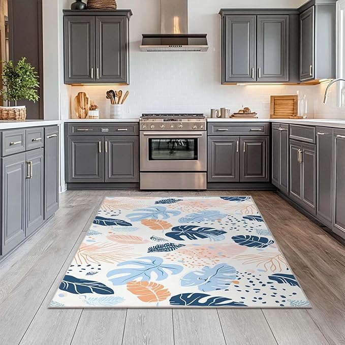 4x6 Rug Boho Botanical Tropical Leaf White Area Rug Bedroom Ultra-Thin Soft Low Pile Large Carpet Living Room Non Slip Dining Room Office Stain Resistant Washable Machine