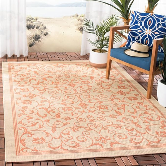 SAFAVIEH Courtyard Collection Accent Rug - 4' x 5'7", Natural & Terra, Scroll Design, Non-Shedding & Easy Care, Indoor/Outdoor & Washable-Ideal for Patio, Backyard, Mudroom (CY2098-3201)