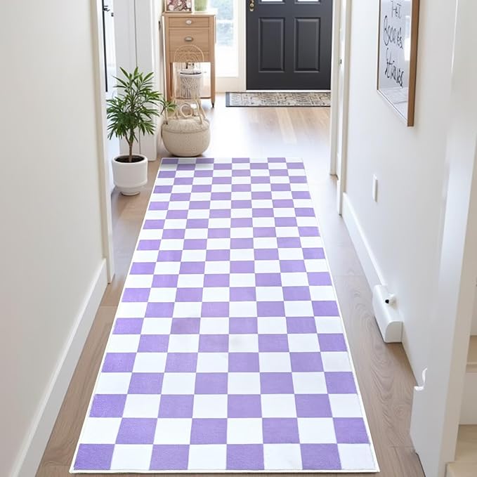 Terrug Purple and White Checkered Runner Rug for Bedroom, 2x6 Soft Washable Rug with Non Slip, Low Pile Stain Resistance Carpet for Entryway Hallway Kitchen Laundry Living Room
