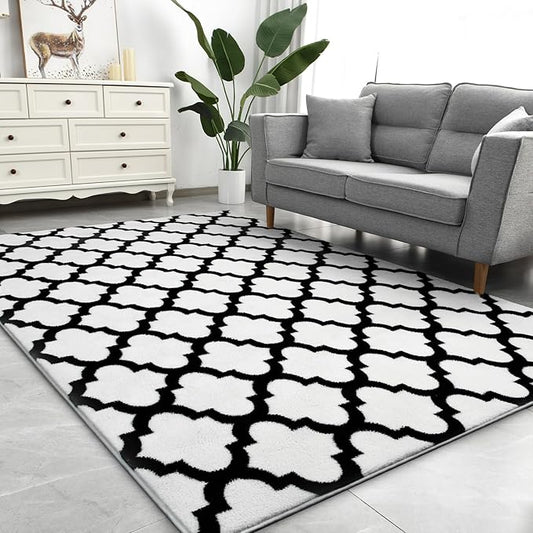 3x5 White and Black Area Rug for Bedroom, Shag Geometric Modern Throw Rugs Living Room Low Pile, Small Memory Foam Soft Carpet for Kids Bedside Dorm Indoor