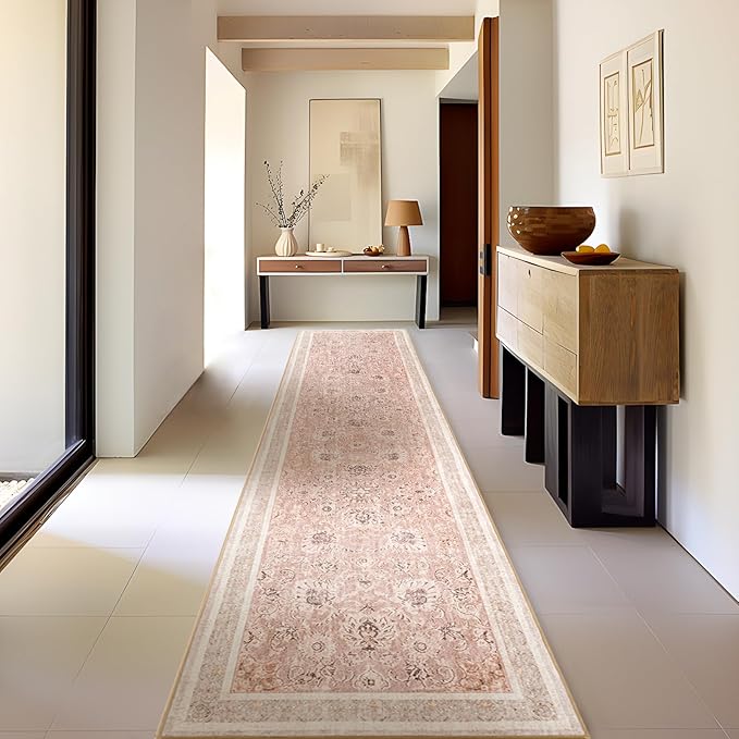 Phantoscope Hallway Runner Rug 2'x10'- Long Rug Runner Boho Washable Non-Slip Carpet for Kitchen Entryway Laundry Bedroom, Ultra-Thin Runners Vintage Distressed Accent Rug, Soft Pink/Beige