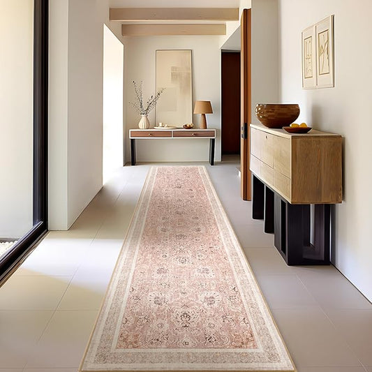 Phantoscope Hallway Runner Rug 2'x10'- Long Rug Runner Boho Washable Non-Slip Carpet for Kitchen Entryway Laundry Bedroom, Ultra-Thin Runners Vintage Distressed Accent Rug, Soft Pink/Beige