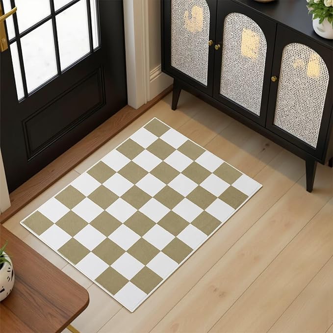 Terrug Beige and White Small Checkered Rug for Bedroom, 2x3 Soft Washable Rug with Non Slip Backing, Low Pile Throw Carpet for Entryway Hallway Kitchen Laundry Room