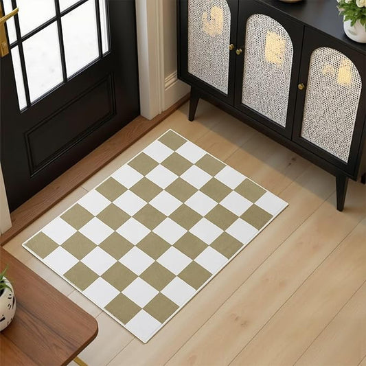 Terrug Beige and White Small Checkered Rug for Bedroom, 2x3 Soft Washable Rug with Non Slip Backing, Low Pile Throw Carpet for Entryway Hallway Kitchen Laundry Room