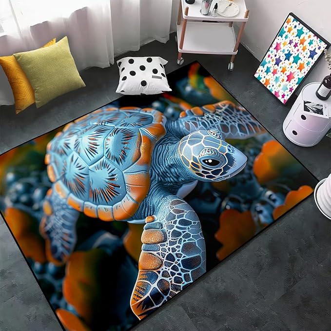 Sea Turtles Rug - Sea Turtle for Kids Boys Coastal Rugs for Bedroom Silver Ocean Life Theme Decor Ocean Carpet Rug, 63" L x 47" W