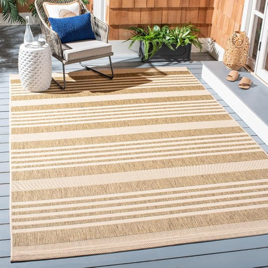 SAFAVIEH Courtyard Collection 6'7'' Square Brown/Bone CY6062 Stripe Indoor/ Outdoor Patio Backyard Mudroom Area Rug