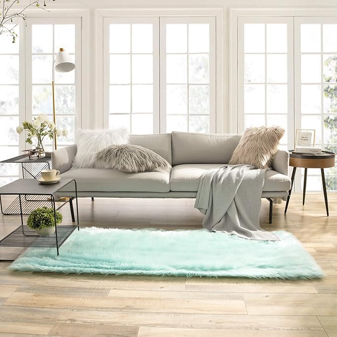 Ashler faux fur rug, Fluffy Shaggy Area Rug Ultra Soft 2.2 x 6 Feet Rectangle Fur Rug, Turquoise Fuzzy Rug Machine Washable Shag Rug, Nursery Decor Throw Rugs for Bedroom, kids room, Living Room
