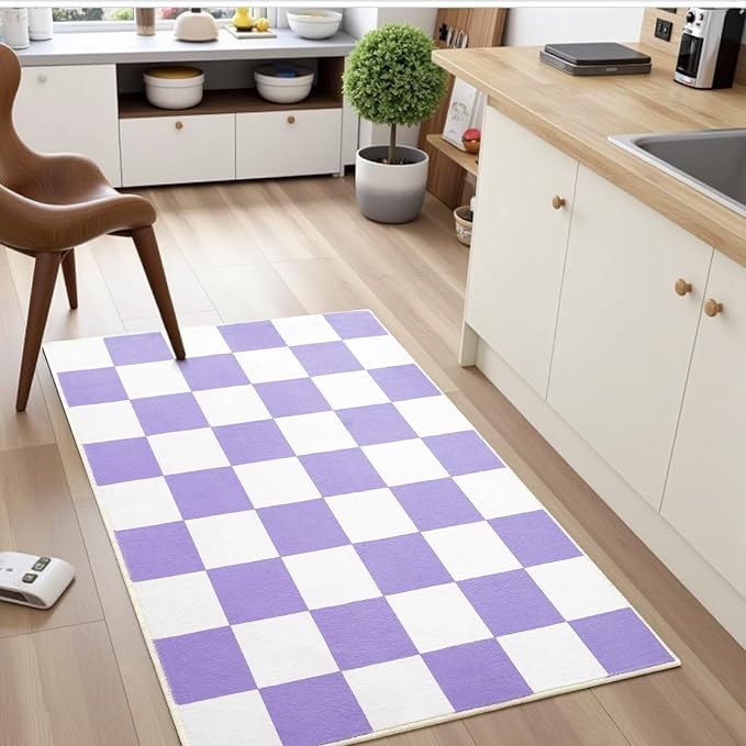 Terrug Purple and White Small Checkered Rug for Bedroom, 2x3 Soft Washable Rug with Non Slip Backing, Low Pile Throw Carpet for Entryway Hallway Kitchen Laundry Room