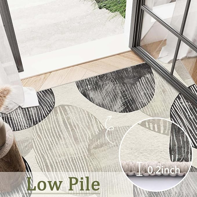 2x3 Entryway Rug Abstract Minimalist Black Beige Circle Design Neutral Area Rug Ultra-Thin Small Carpet Bathroom Non Slip Indoor Entrance Low Pile Door Mat Kitchen Stain Resistant Washable Machine