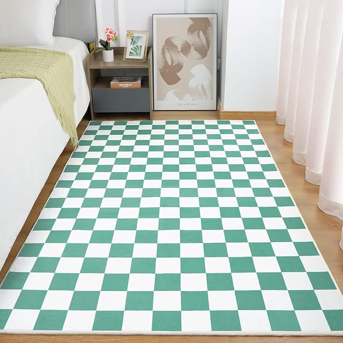 Terrug Green and White Checkered Rug for Living Room Bedroom, 3x5 Soft Washable Area Rug with Non Slip, Low Pile Stain Resistance Carpet for Kids Room Entryway Kitchen Dorm