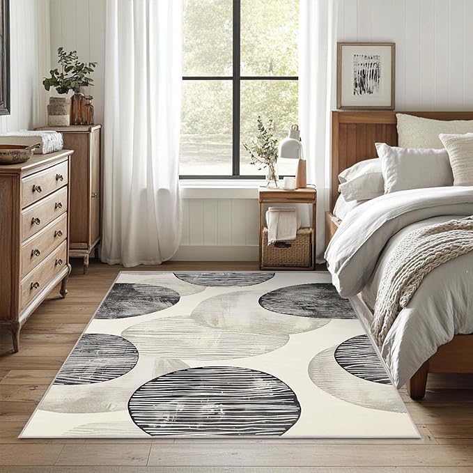 4x6 Rug Abstract Minimalist Black Beige Circle Design Modern Neutral Area Rug Bedroom Ultra-Thin Soft Low Pile Large Carpet Living Room Non Slip Dining Room Office Stain Resistant Washable Machine