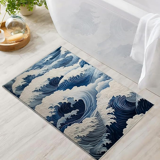 Bathroom Mat Ocean Wave Japanese Rugs Oriental Modern Machine Washable Soft Plush Rug Carpet Non Slip Nautical Navy Blue Area Rug for Entryway Kitchen Living Room Bedroom Dining Room Home 20x31.5 Inch