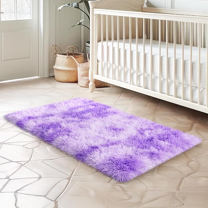 2x3 Rug for Bedroom, Fluffy Area Rugs for Living Room, Small Soft Shag Fuzzy Shaggy Carpets for Kids Boys and Girls Dorm with 4 Non-Slip Rug Tapes for Room Home Decor (2ftx3ft, Tie-Dyed Purple)