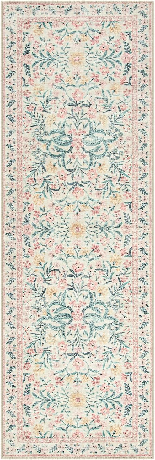 Morebes Boho Hallway Runner Rug 2x6,Floral Kitchen Runner Rugs Non Skid Washable,Super Soft Indoor Throw Carpet for Girls Bedroom Bedside Bathroom Laundry Room, Pink/Multi