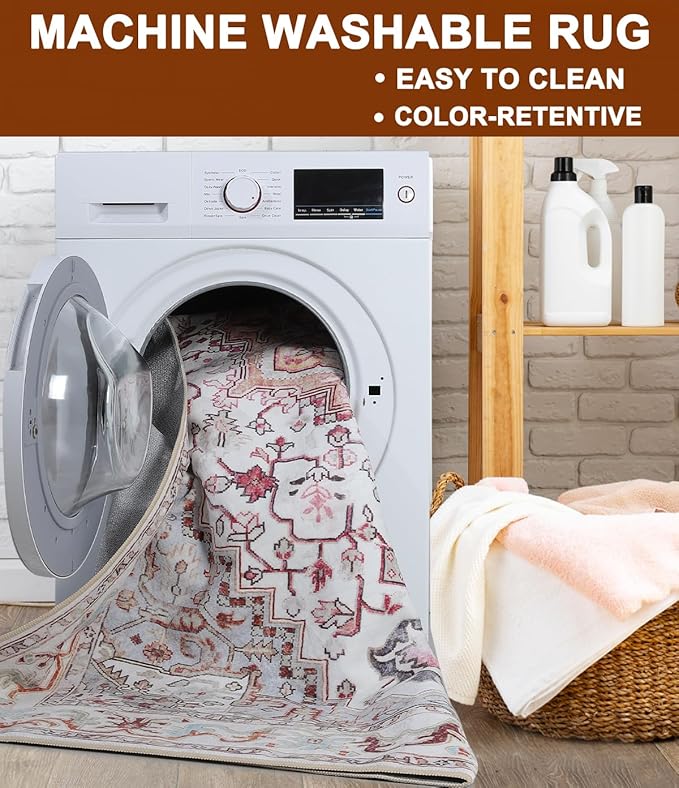 Washable Area Rugs 5x7, Beige Vintage Rugs-Low Pile Carpet, Non-Slip Distressed Printed Patterns Rugs for Bedroom, Living Room, Dining Room, Beige