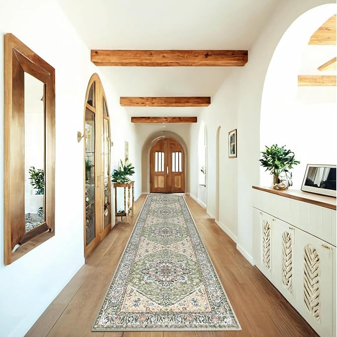 BESTSWEETIE 2x6 Area Rugs for Living Room Washable Non Slip Carpet Low Pile Soft Vintage Print Pattern Rug for Bedroom Dining Room Kitchen Entryway Indoor-Green/Light tan/Blue/Grey