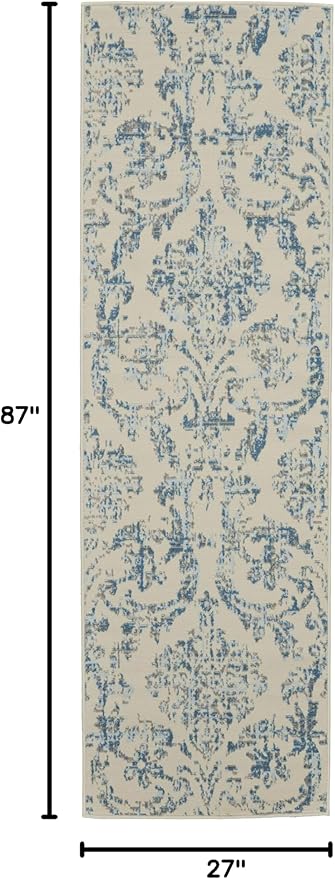 Nourison Jubilant Damask Ivory/Blue 2'3'' x 7'3'' Area-Rug, Easy-Cleaning, Non Shedding, Bed Room, Living Room, Dining Room, Kitchen (2x7)