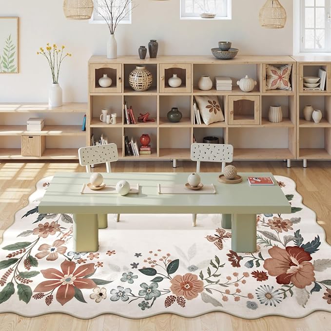 Beeiva 5x7 Floral Rug for Living Room, Washable Area Rug for Bedroom, Ultra Thin Low Pile Large Carpet for Dining Room, Playroom or Nursery - Beige