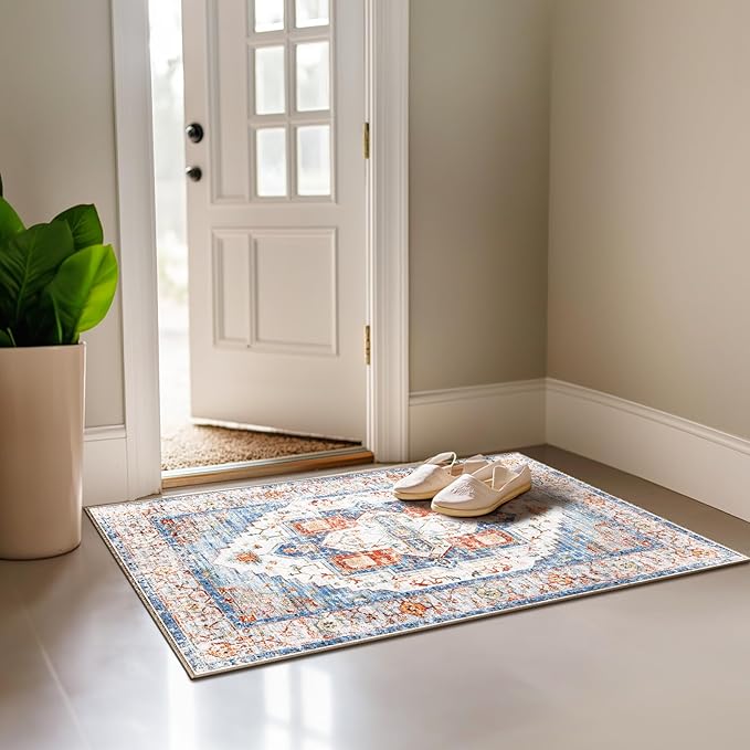 Washable 2x3 Area Rugs, Rugs for Living Room, Low-Pile Water&Stain Resistant Carpet Vintage Distressed Printed Non-Slip Carpet for Bedroom Bathroom Kitchen-Blue