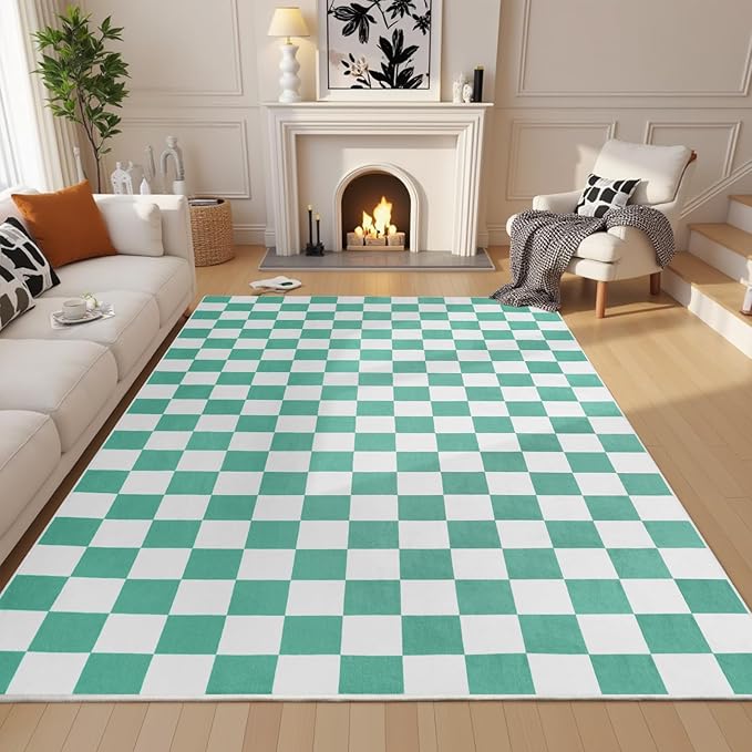 Terrug Green and White Checkered Rug for Living Room Bedroom, 5x7 Soft Washable Area Rug with Non Slip, Low Pile Stain Resistance Carpet for Kids Room Entryway Kitchen Dorm
