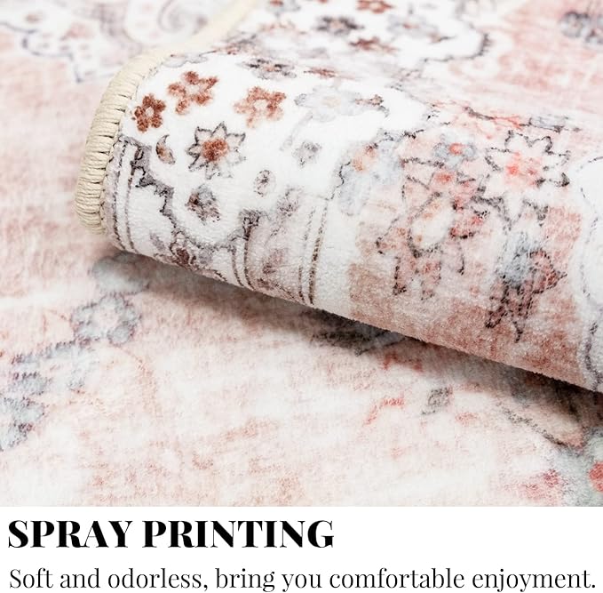 MUJOO Boho Rug 4'x6.5' Area Rugs for Bedroom Living Room Dining Room Pink Small Rugs Machine Washable Non Slip Carpet for Office Dorm Bedside Kitchen Laundry Room Floral