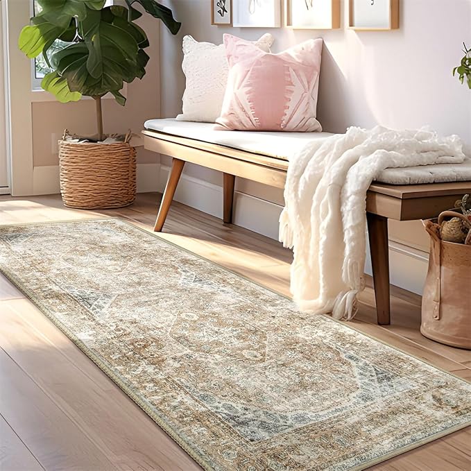 Boho Runner Rugs for Bedroom Hallways Washable Runner Rug Non Slip Throw Carpet for Entryway Bathroom Kitchen Bedside Girls Cute Long Soft Floral Light Gray Beige Home Decor 2'x6'