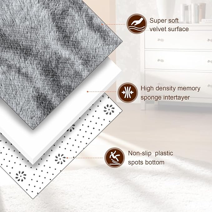 TWINNIS Super Soft Shaggy Rugs Fluffy Carpets, 4x5.9 Feet, Indoor Modern Plush Area Rugs for Living Room Bedroom Kids Room Nursery Home Decor, Upgrade Anti-Skid Rectangular Fuzzy Rug, Grey Black