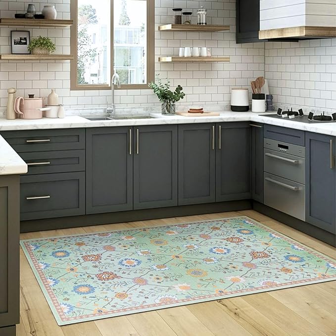 Syalife 3x5 Area Rugs, Non Slip Washable Low Pile Rugs for Living Room, Kitchen, Hallway, Bedroom Bedside, Kids Room, College Dorm (Green Floral, 3'x5')