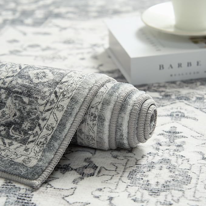jinchan Runner Rug 2x6 Washable Kitchen Hallway Runner Soft Thin Vintage Low Pile Non Slip Distressed Carpet Floral Medallion Rug for Bathroom Bedroom Laundry Room Grey Multi