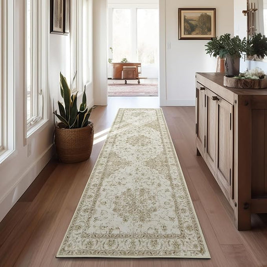 jinchan Hallway Runner Rug 2x8 Machine Washable Runner Rug with Rubber Backing Vintage Floral Non-Slip Ultra-Thin Low Pile Carpet for Kitchen Laundry Entryway Living Room Farmhouse (2x8ft,Taupe)
