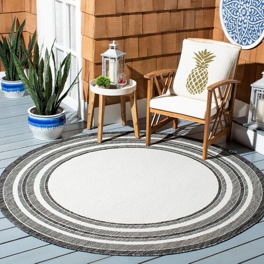 SAFAVIEH Courtyard Collection Area Rug - 7'10" Round, Ivory & Black, Indoor/Outdoor, Weather Resistant & Washable, Ideal for Patio, Backyard, Mudroom, Deck (CY8475)