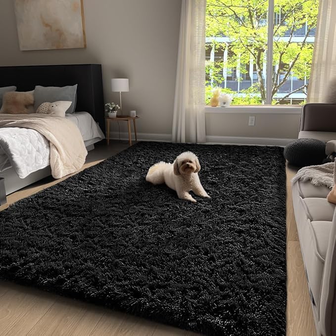 Ophanie Upgrade 3x5 Rugs for Bedroom, Black, Fluffy Shaggy Soft Area Rug, Non-Slip Indoor Floor Carpet for Living Room, Kids Baby Boys Teen Dorm Home Decor Aesthetic, Nursery, Rug