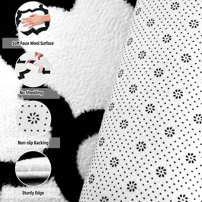 3x5 White and Black Area Rug for Bedroom, Shag Geometric Modern Throw Rugs Living Room Low Pile, Small Memory Foam Soft Carpet for Kids Bedside Dorm Indoor