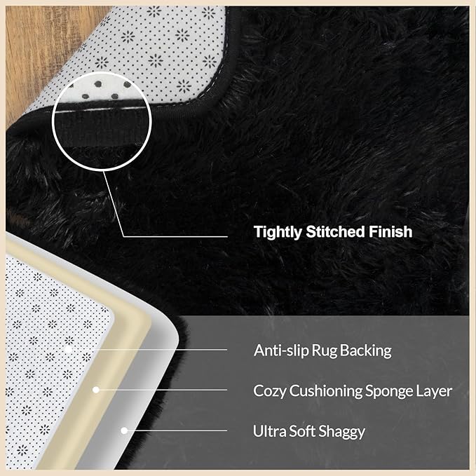 Black Area Rugs 9x12 Living Room, Large Fluffy Rugs for Bedroom, Soft Carpet Shag Kids Room Rug, Non-Slip Fuzzy Rugs Indoor (9ft x 12ft, Black)