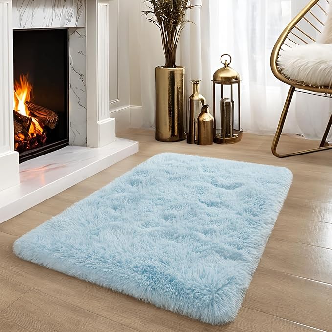YJ.GWL Area Rugs for Bedroom, 2x3 Door Mat Washable Small Light Blue Bedside Rug,Fluffy Shaggy Entryway Rugs for Living Room, Shag Indoor Floor Carpet for Kids Boy and Girls, Home Decor Aesthetic