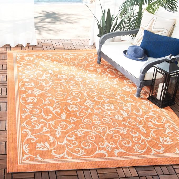 SAFAVIEH Courtyard Collection 6'7" x 9'6" Terracotta / Natural CY2098 Scroll Indoor/ Outdoor Water-proof Easy Scrubbing Patio Backyard Mudroom Area Rug