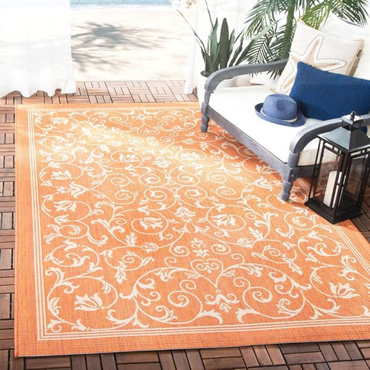 SAFAVIEH Courtyard Collection 6'7" x 9'6" Terracotta / Natural CY2098 Scroll Indoor/ Outdoor Water-proof Easy Scrubbing Patio Backyard Mudroom Area Rug
