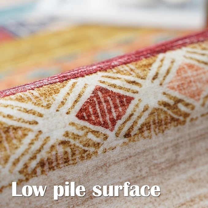 10x14 Washable Area Rug: Moroccan Large Neutral Boho Area Rug for Living Room & Bedroom Geometric Non-Slip Farmhouse Carpet for Living Room Red&Blue Colourful 10'x14'.