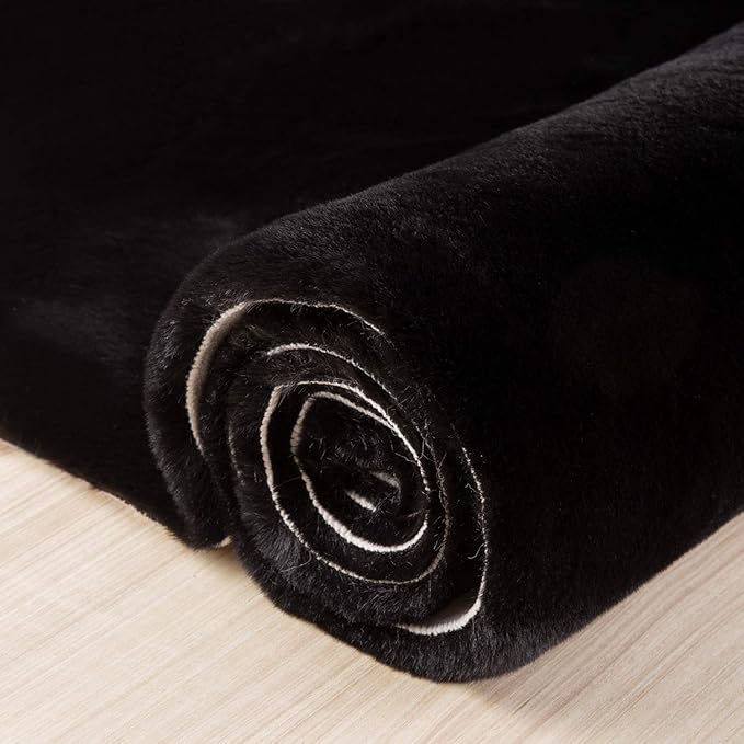 Ashler HOME DECO Ultra Soft Faux Rabbit Fur Chair Couch Cover Area Rug for Bedroom Floor Sofa Living Room Black 2 x 6 Feet
