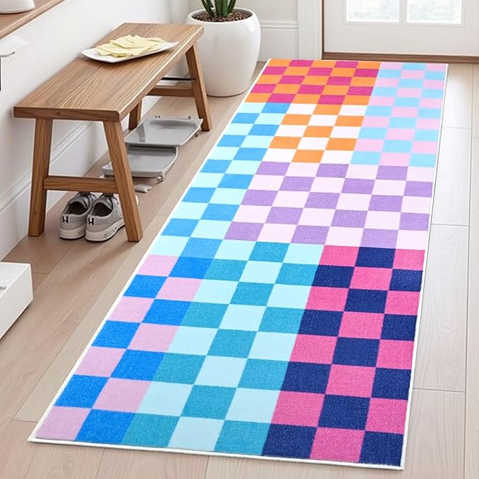 Terrug Multicolored Checkered Runner Rug for Bedroom, 2x6 Soft Washable Rug with Non Slip, Low Pile Stain Resistance Carpet for Entryway Hallway Kitchen Laundry Living Room