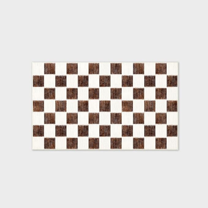 EVERGRACE Checkered Plaid Area Rug 3x5, Soft Fuzzy Faux Wool Rugs Washable Anti Slip Rugs Small for Entryway Bedroom Living Room Hallway Kitchen Dining Room and Laundry Room, Dark Brown and White
