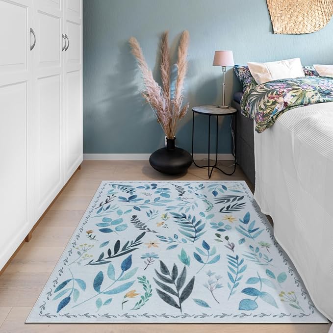 Syalife 2x3 Area Rugs, Non Slip Washable Small Rugs for Entryway, Kitchen, Bathroom, Kids Room, Low Pile Entry Throw Rug Indoor Front Door Mat (Blue Leafy, 2'x3')