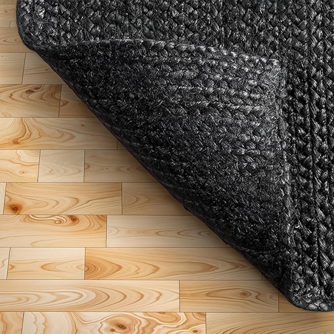 GRUHUM Black Jute Area Rug 9x12 Feet Rectangle Natural Fiber Boho Braided Handwoven Farmhouse Rustic Vintage EcoFriendly Large Carpet Home Décor Rugs - Living Room Hallways Bedroom Enterwayss 9x12'ft
