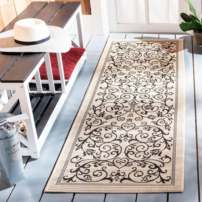 SAFAVIEH Courtyard Collection Runner Rug - 2'3" x 10', Sand & Black, Scroll Design, Non-Shedding & Easy Care, Indoor/Outdoor & Washable-Ideal for Patio, Backyard, Mudroom (CY2098-3901)