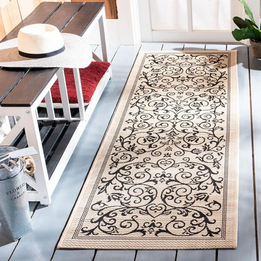 SAFAVIEH Courtyard Collection Runner Rug - 2'3" x 10', Sand & Black, Scroll Design, Non-Shedding & Easy Care, Indoor/Outdoor & Washable-Ideal for Patio, Backyard, Mudroom (CY2098-3901)