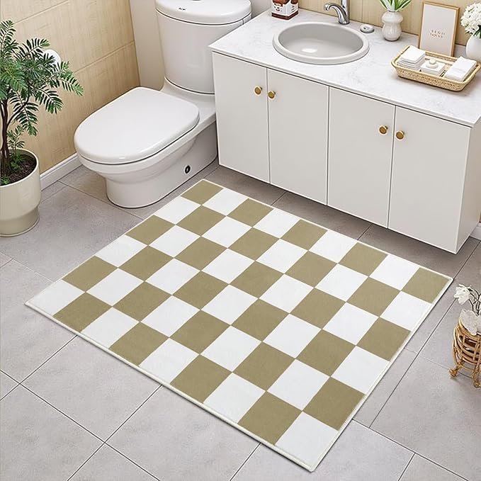Terrug Beige and White Small Checkered Rug for Bedroom, 2x3 Soft Washable Rug with Non Slip Backing, Low Pile Throw Carpet for Entryway Hallway Kitchen Laundry Room