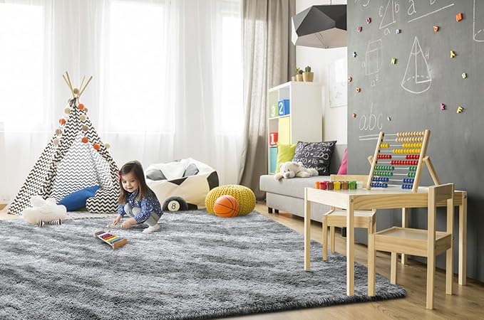 TWINNIS Super Soft Shaggy Rugs Fluffy Carpets, 4x5.9 Feet, Indoor Modern Plush Area Rugs for Living Room Bedroom Kids Room Nursery Home Decor, Upgrade Anti-Skid Rectangular Fuzzy Rug, Grey Black