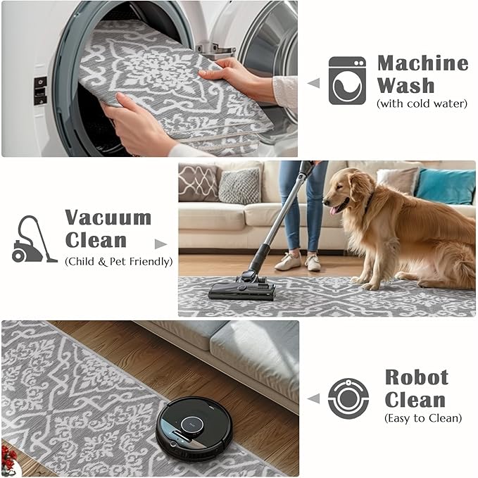 jinchan Boho Runner Rug 2x5 Moroccan Washable Rug Hallway Indoor Floor Accent Carpet Floral Tile Print Mat Soft Thin Runner Non Slip Carpet for Kitchen Bedroom Bathroom Laundry Room Decor Grey